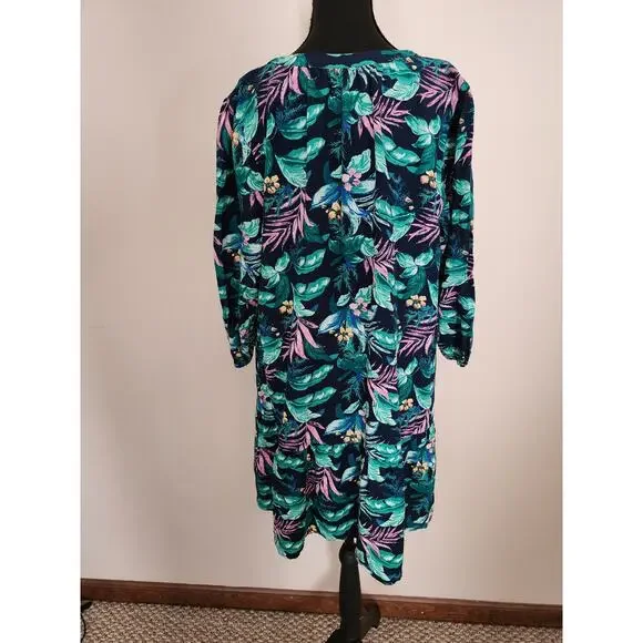 LOFT Womens Large Blue Floral Leaf Print Dress Tropical Boho Hawaiian Vacation - Picture 3 of 8